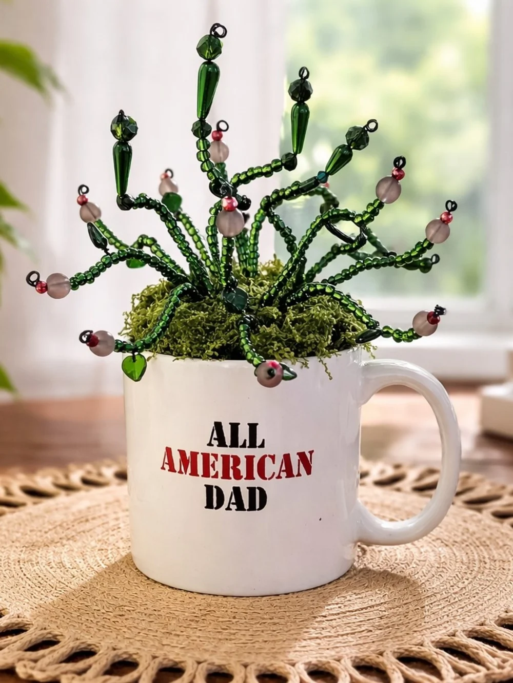 All American Dad White Ceramic Mug with Green Beaded Succulent